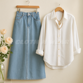 PAIR OF DENIM SKIRT WITH WHITE BUTTON DOWN SHIRT